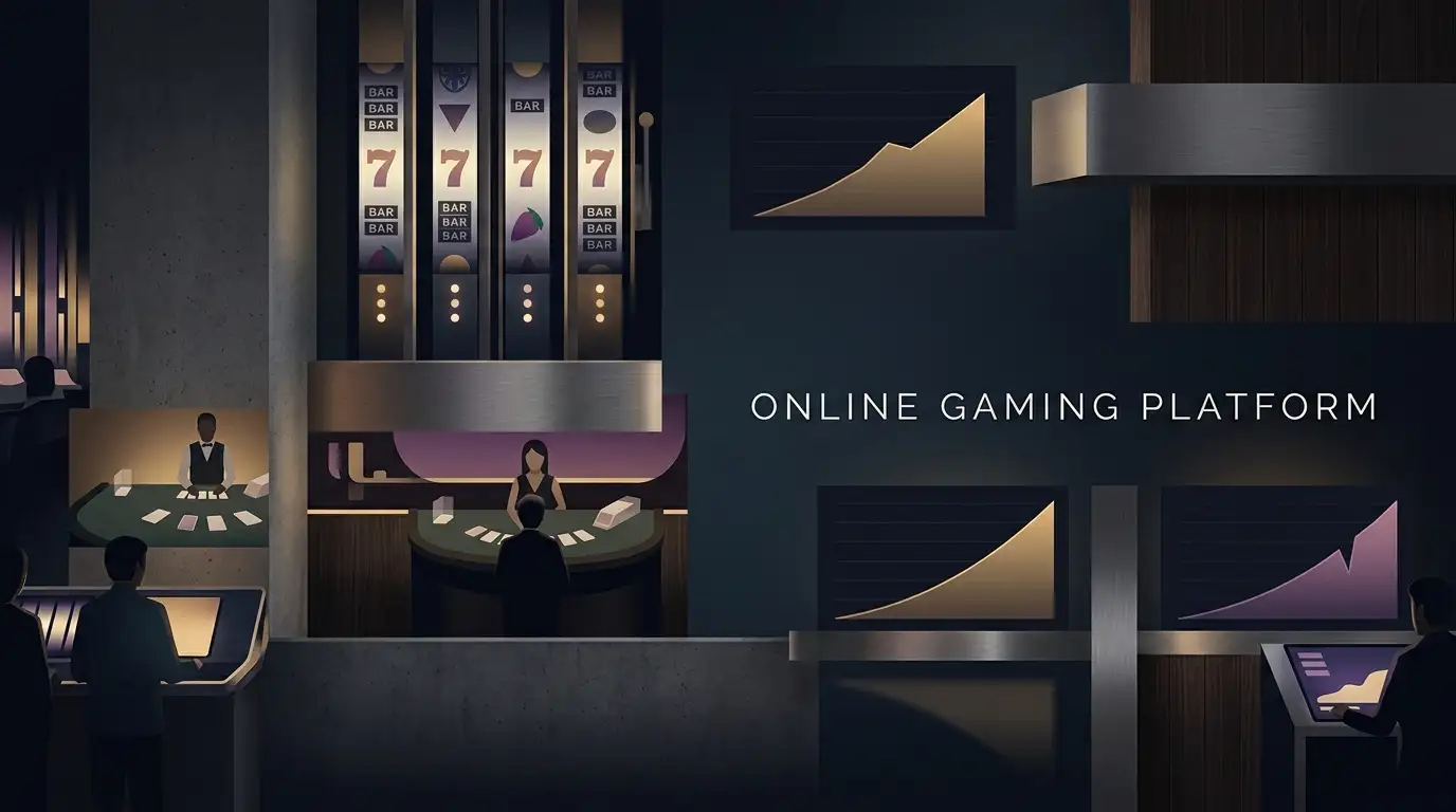 Dark casino game lobby with abstract slot reels, live table tiles and crash-game graphics