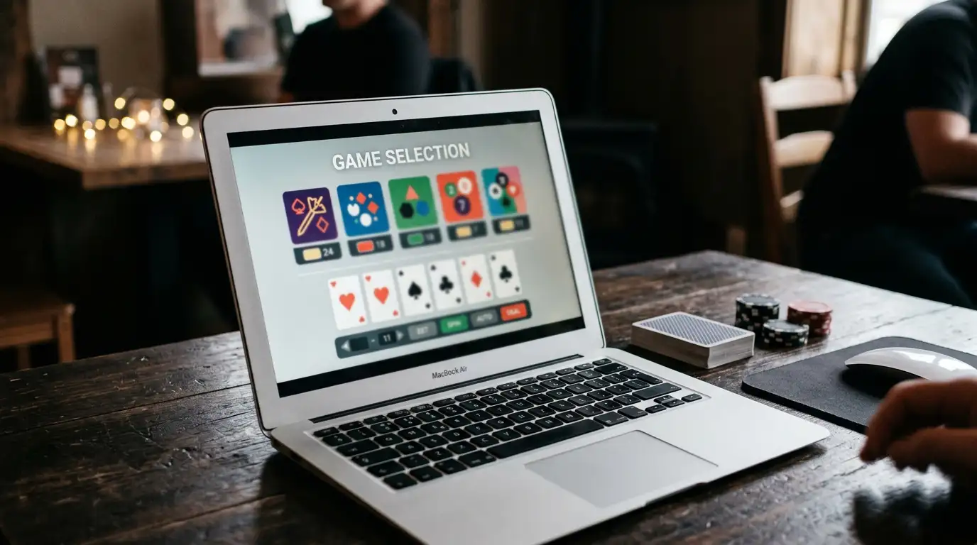 Laptop showing abstract casino game tiles beside playing cards and neutral gaming controls