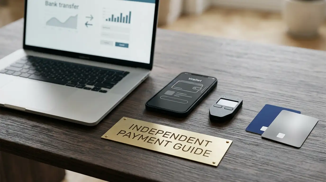 Payment cards, a bank transfer screen and a hardware crypto wallet arranged on a desk