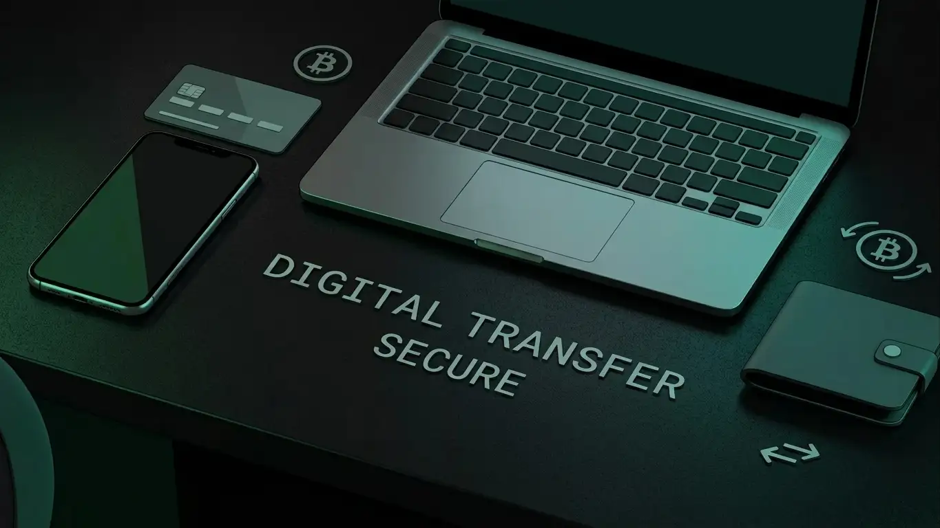 Phone and laptop beside abstract bank card, digital wallet and cryptocurrency transfer symbols
