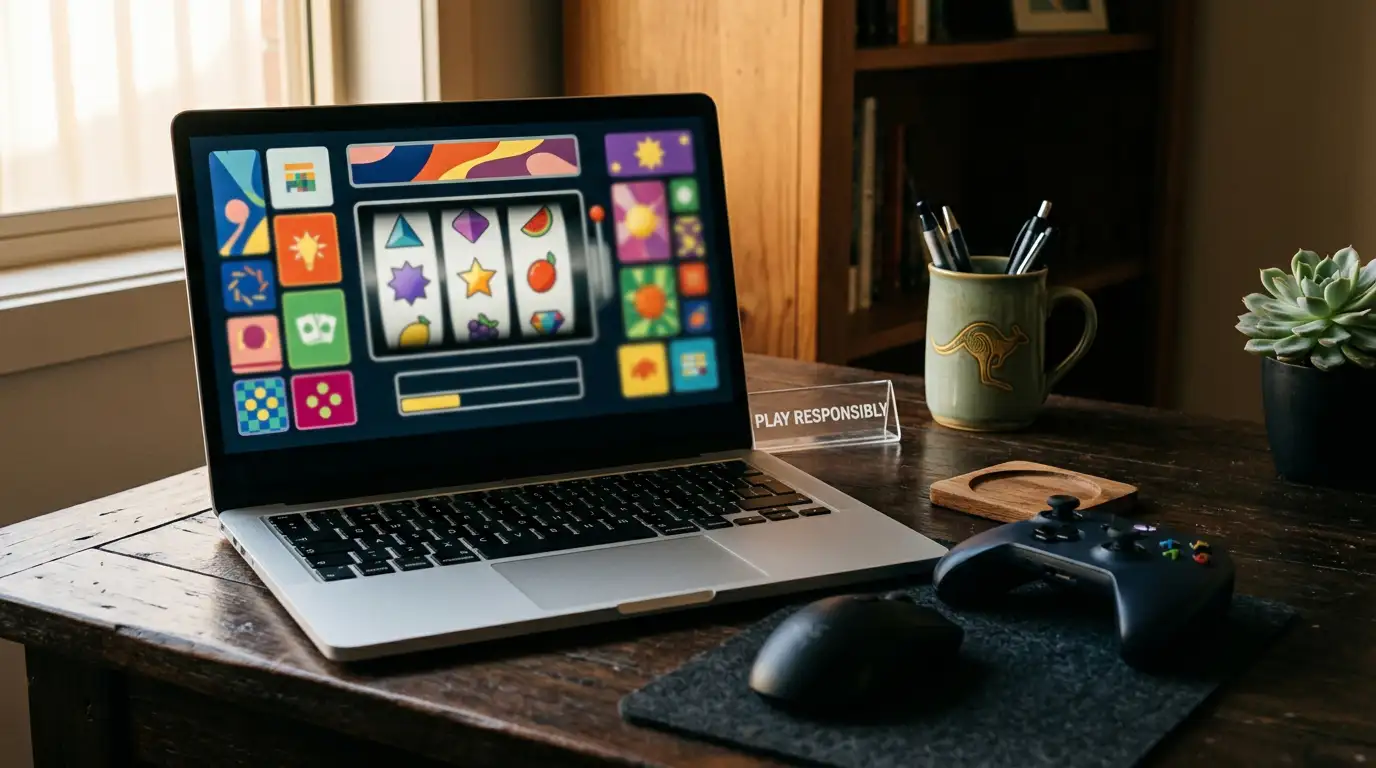 Laptop displaying abstract slot reels and game tiles beside neutral gaming controls
